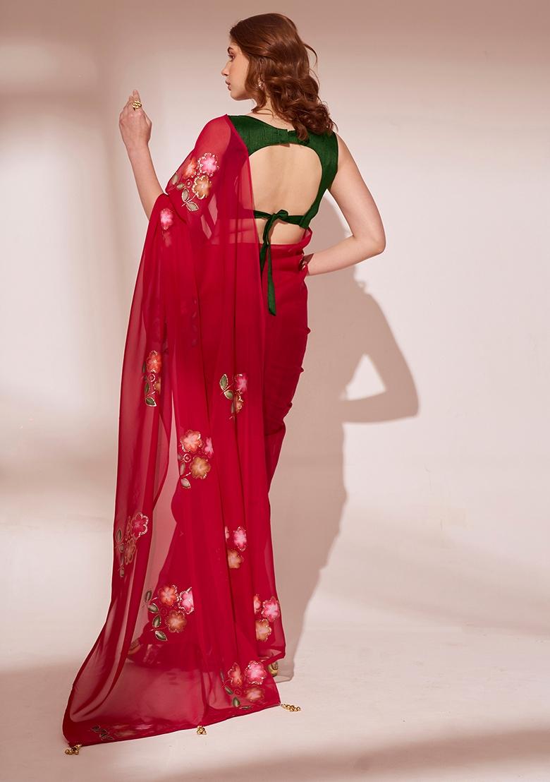 Red Printed Organza Saree Set