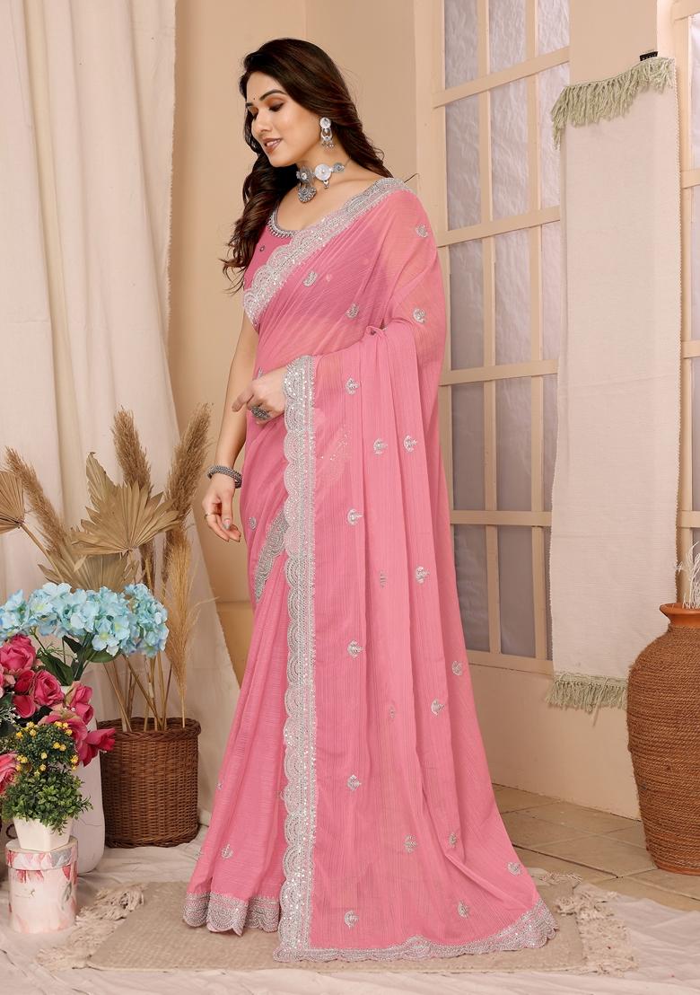 Pink Sequin Embroidered Chiffon Saree Set