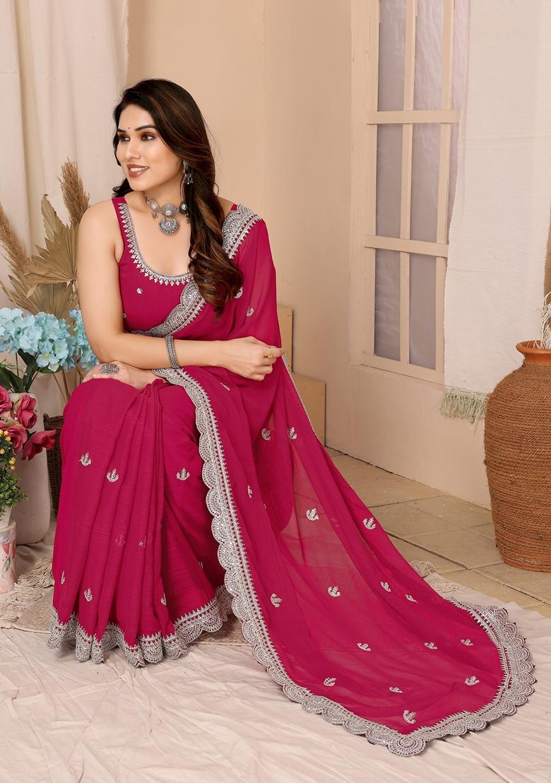 Pink Sequin Embroidered Chiffon Saree Set