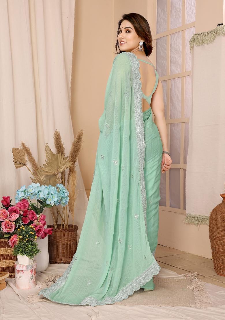 Sea Green Sequin Embroidered Chiffon Saree Set