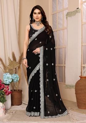 Black Sequin Embroidered Chiffon Saree Set