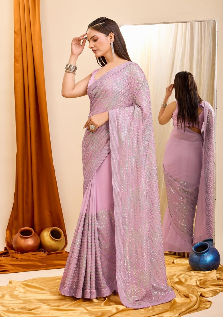 Purple Sequin Embroidered Georgette Saree Set