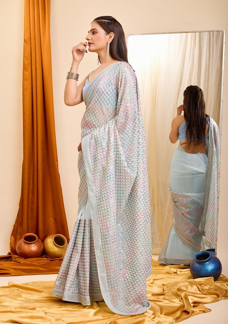 Grey Sequin Embroidered Georgette Saree Set