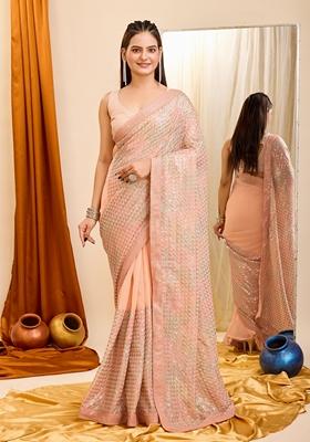Peach Sequin Embroidered Georgette Saree Set