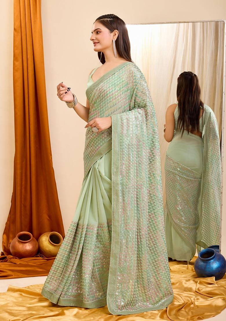 Pista Green Sequin Embroidered Georgette Saree Set