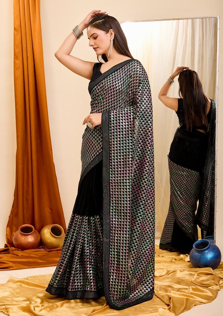 Black Sequin Embroidered Georgette Saree Set