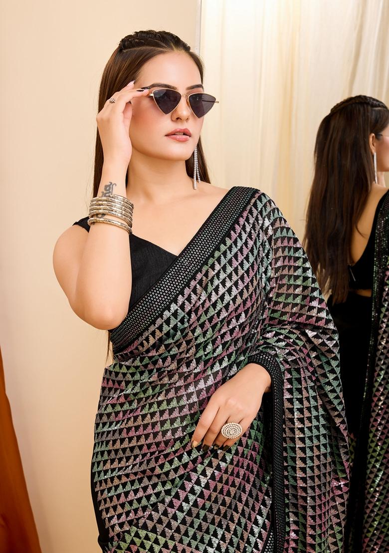 Black Sequin Embroidered Georgette Saree Set