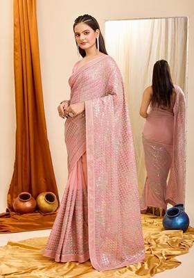Pink Sequin Embroidered Georgette Saree Set