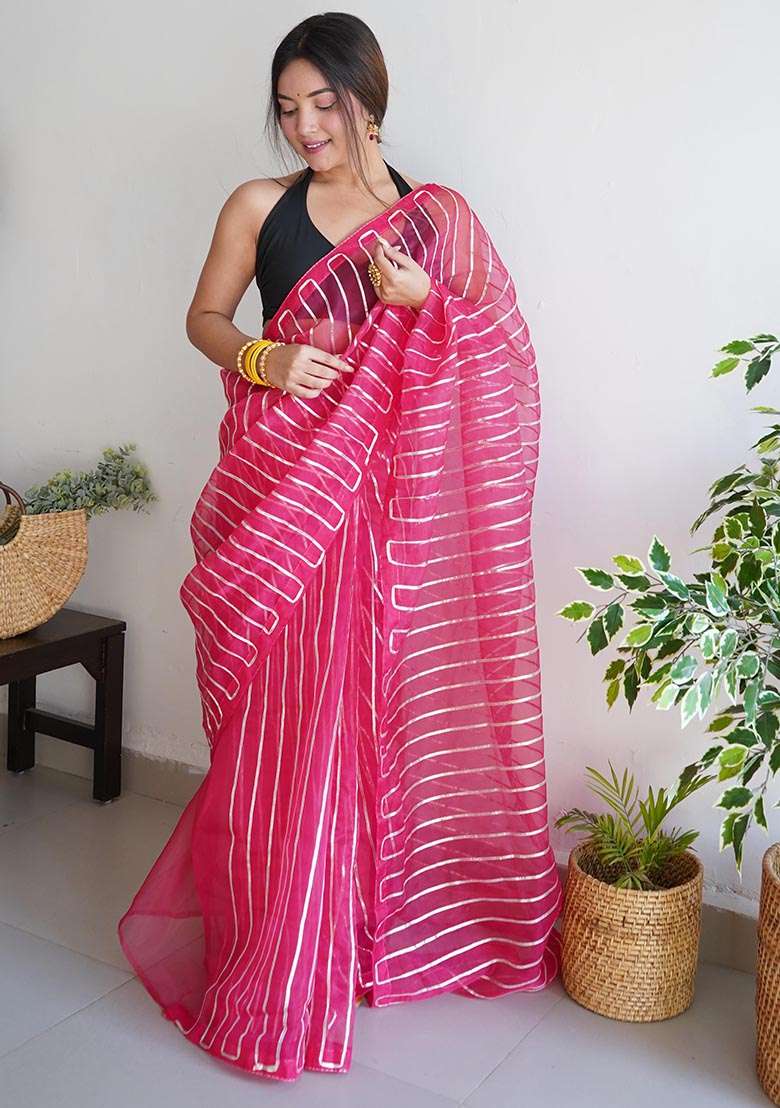 Pink Embroidered Organza Saree Set - Indya