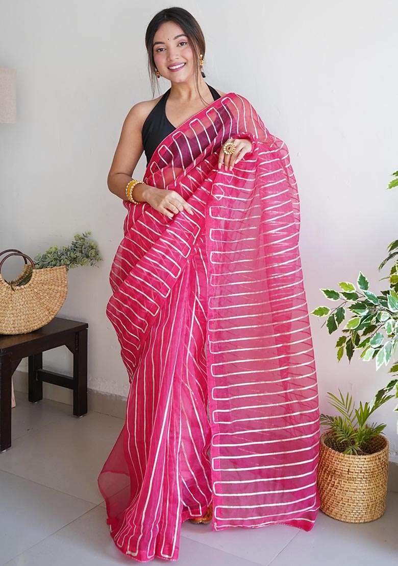 Pink Embroidered Organza Saree Set - Indya