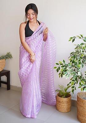 Lavender Embroidered Organza Saree Set