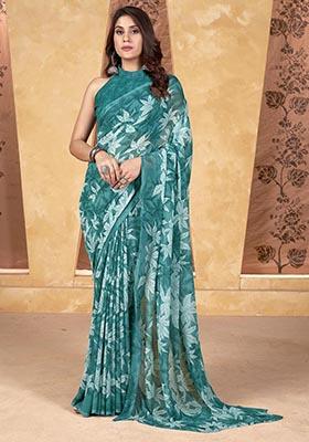 Sea Green Printed Poly Blend Saree Set