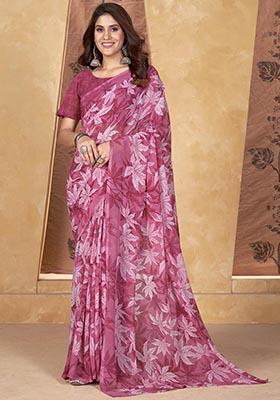 Pink Printed Poly Blend Saree Set