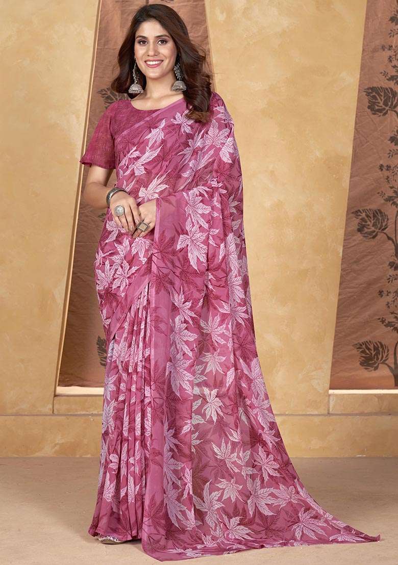 Pink Printed Poly Blend Saree Set - Indya