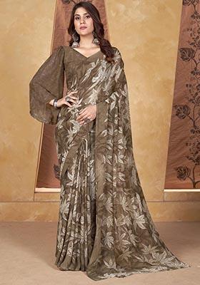 Brown Printed Poly Blend Saree Set