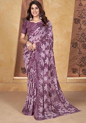 Purple Printed Poly Blend Saree Set