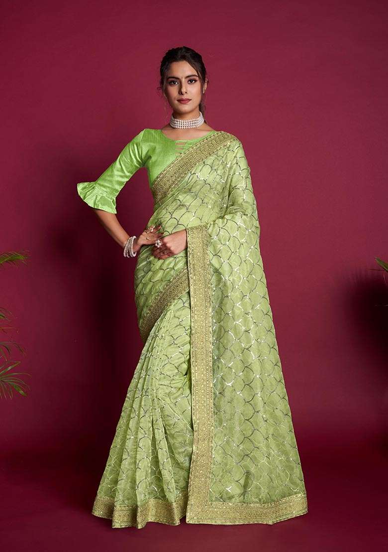 Green Sequin Embroidered Organza Saree Set - Indya