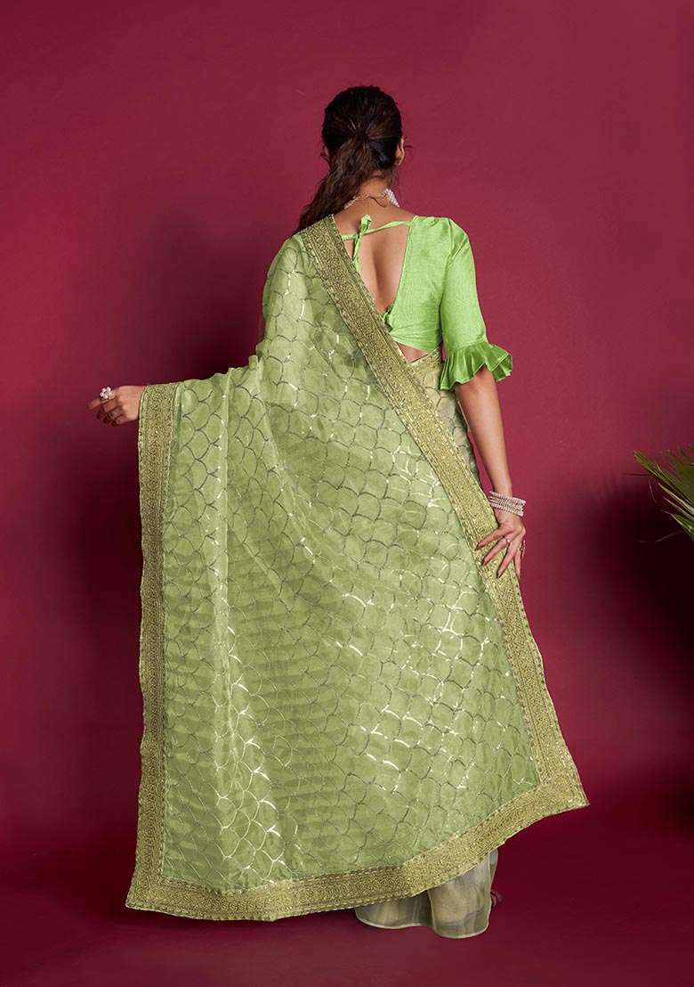 Green Sequin Embroidered Organza Saree Set - Indya
