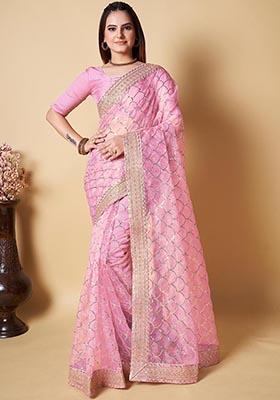 Pink Sequin Embroidered Organza Saree Set