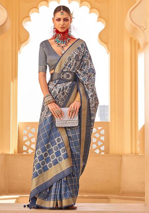 Blue Zari Woven Silk Saree Set