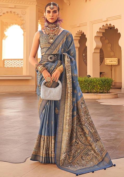 Blue Zari Woven Silk Saree Set