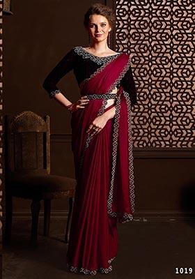 Maroon Stone Work Satin Chiffon Saree Set