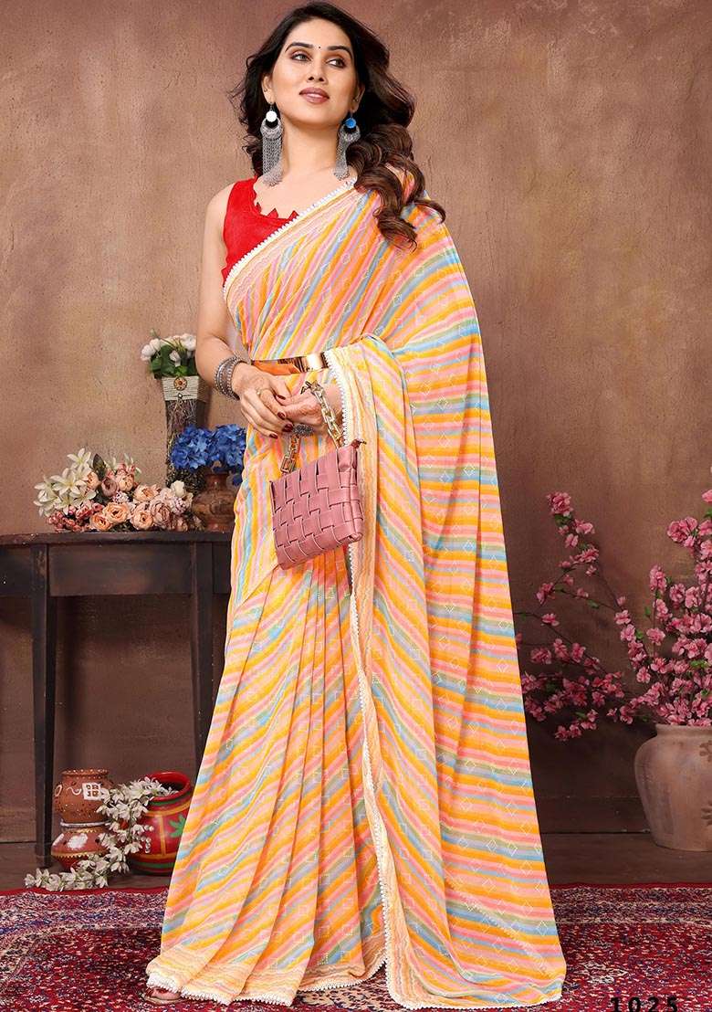 Multicolor Printed Georgette Saree Set - Indya