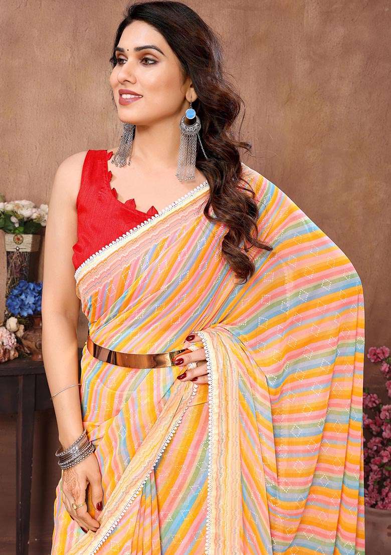 Multicolor Printed Georgette Saree Set - Indya