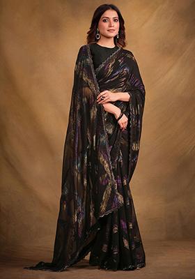 Black Stone Embroidered Zari Jacquard Saree Set