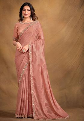 Peach Stone Embroidered Georgette Saree Set