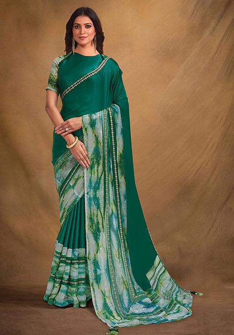 Rama Blue Stone Embroidered Satin Crepe Saree Set