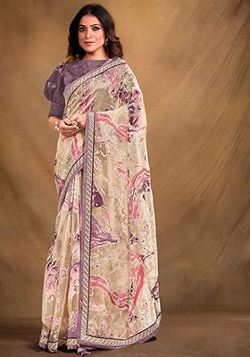 Cream Stone Embroidered Organza Saree Set
