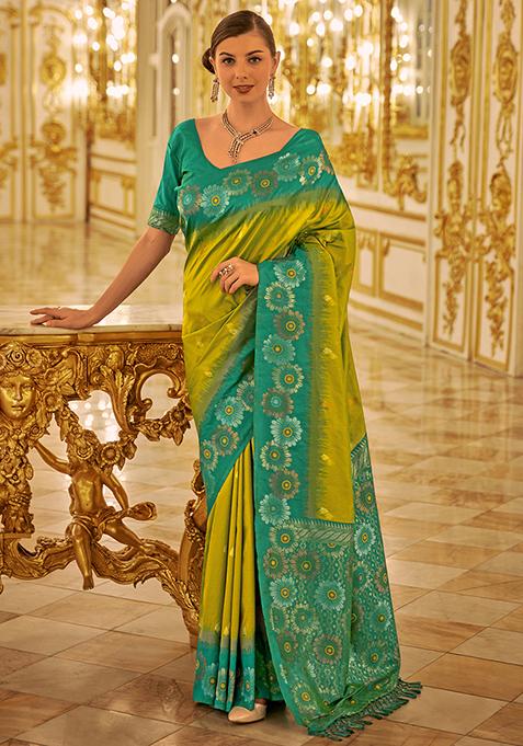 Lemon Yellow Woven Banarasi Silk Saree Set