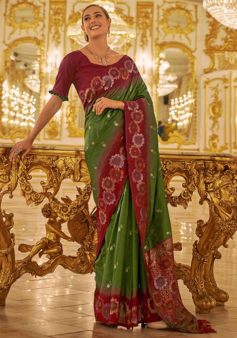 Green Woven Banarasi Silk Saree Set