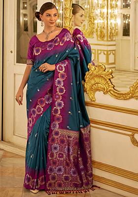 Royal Blue Woven Banarasi Silk Saree Set