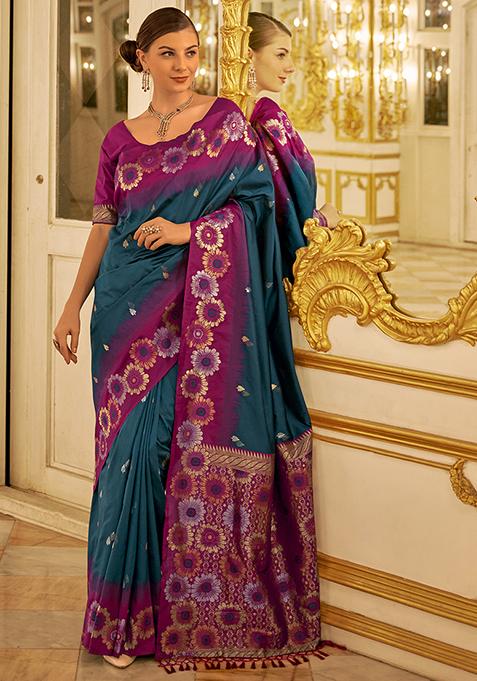 Royal Blue Woven Banarasi Silk Saree Set