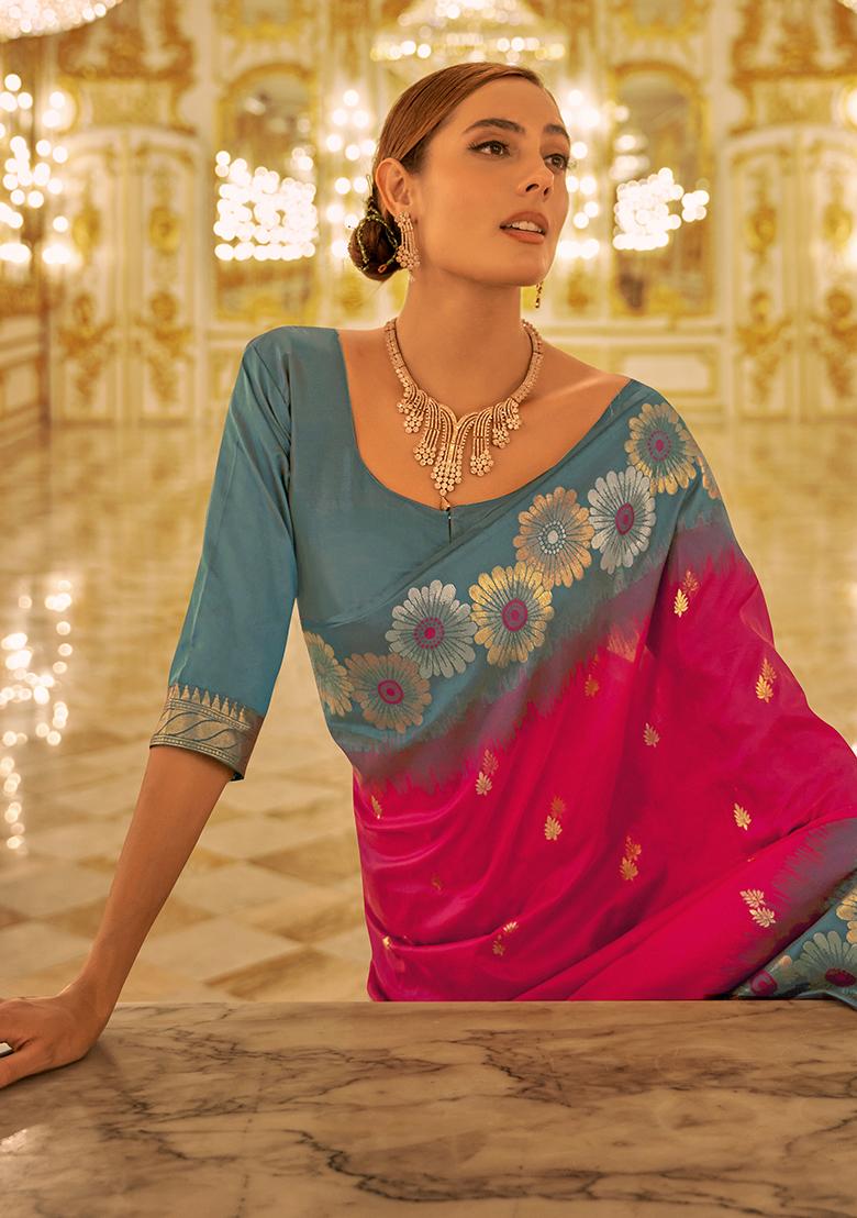 Pink Woven Banarasi Silk Saree Set