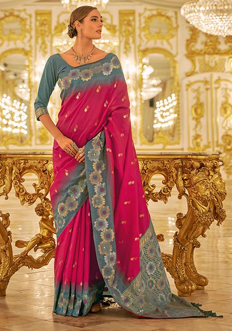 Pink Woven Banarasi Silk Saree Set