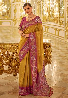 Yellow Woven Banarasi Silk Saree Set