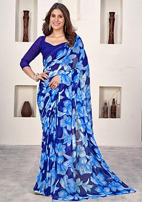 Blue Printed Poly Blend Saree Set