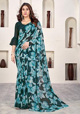 Teal Printed Poly Blend Saree Set