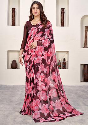 Wine Printed Poly Blend Saree Set