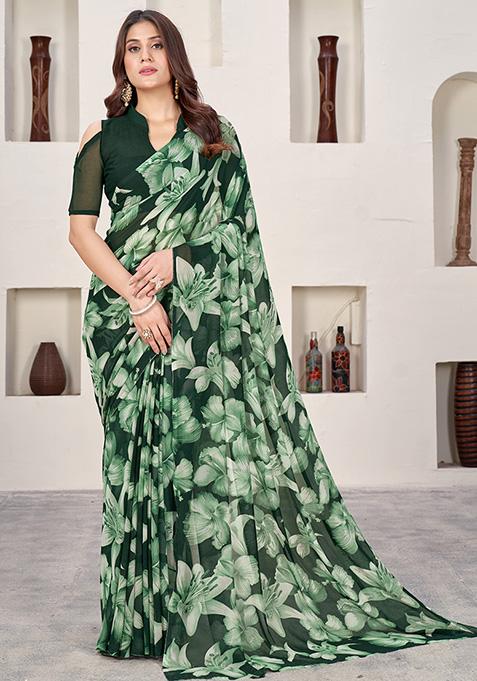 Green Printed Poly Blend Saree Set