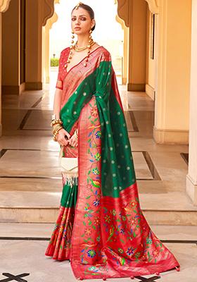 Green And Red Zari Woven Silk Saree Set