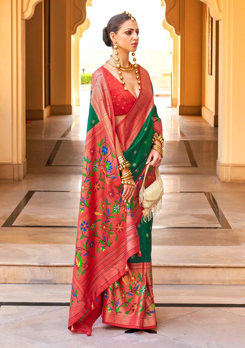 Green And Red Zari Woven Silk Saree Set
