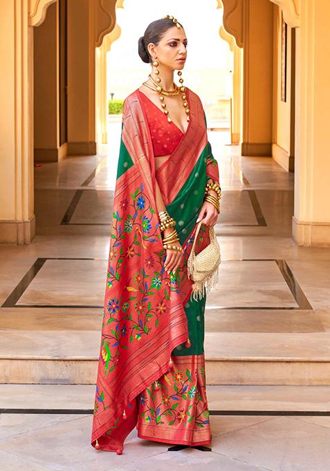 Green And Red Zari Woven Silk Saree Set