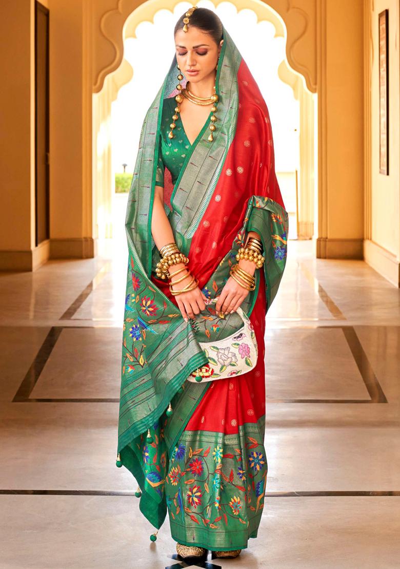 Red And Mint Green Zari Woven Silk Saree Set