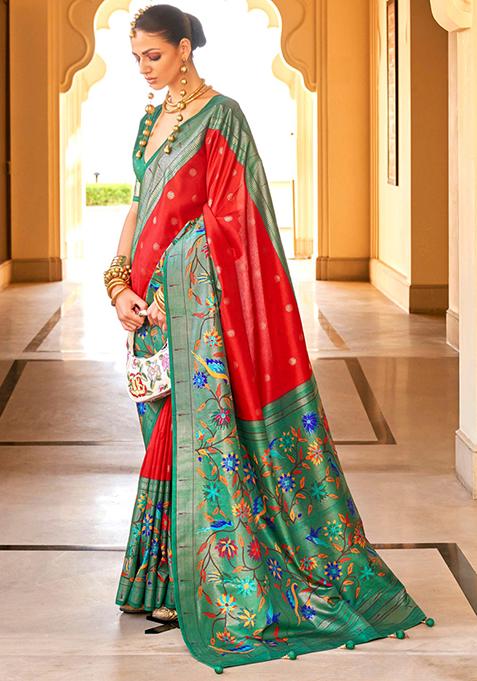 Red And Mint Green Zari Woven Silk Saree Set