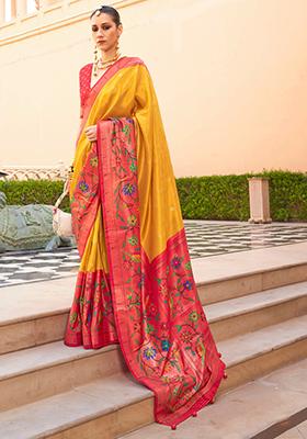 Yellow And Pink Zari Woven Silk Saree Set