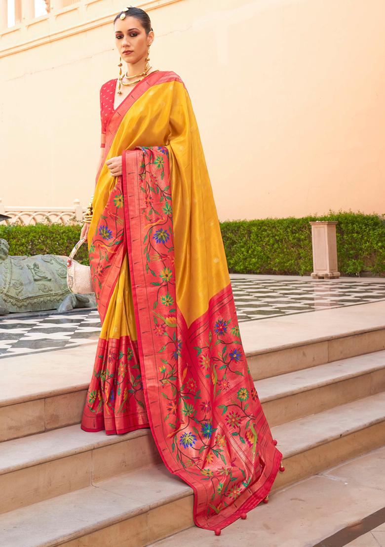 Yellow And Pink Zari Woven Silk Saree Set